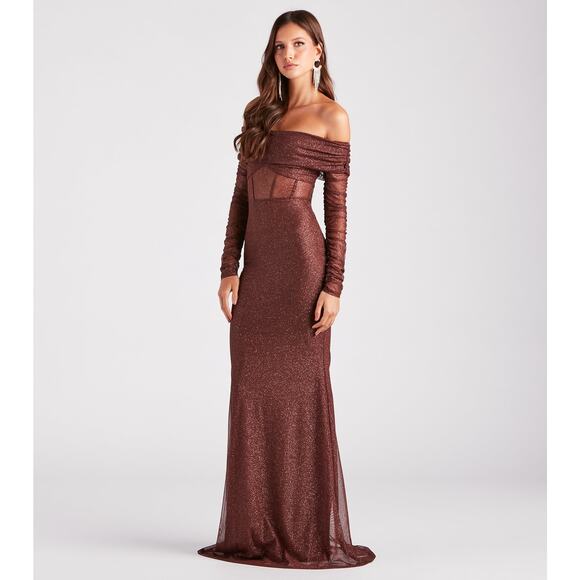 New Windsor Mandy Glitter Mesh Mermaid Dress Brown Off Shoulder Formal Medium - Picture 1 of 15